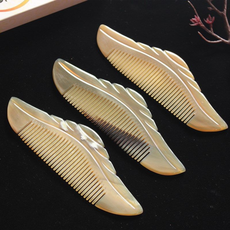 精致叶子雕刻牛角梳天然牦牛角梳子叶子美发梳
