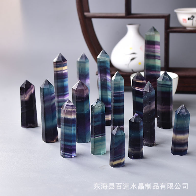 工厂天然萤石六棱水晶柱原石七彩萤石柱摆件绿紫手工切割打磨