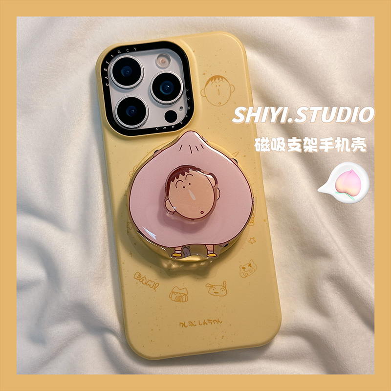 可爱黄底桃子阿呆磁吸支架适用苹果16promax手机壳15pro新款iphon13卡通14pro少女心15菲林17pro创意17防摔硬