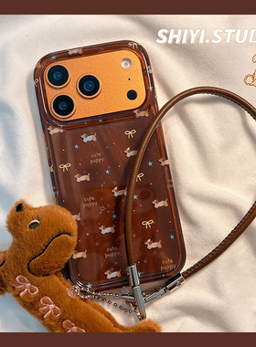 秋冬棕底蝴蝶结腊肠狗适用苹果17promax手机壳16pro新款iphon17日韩ins15pro女款15硅胶14防摔13手绳双层硬壳