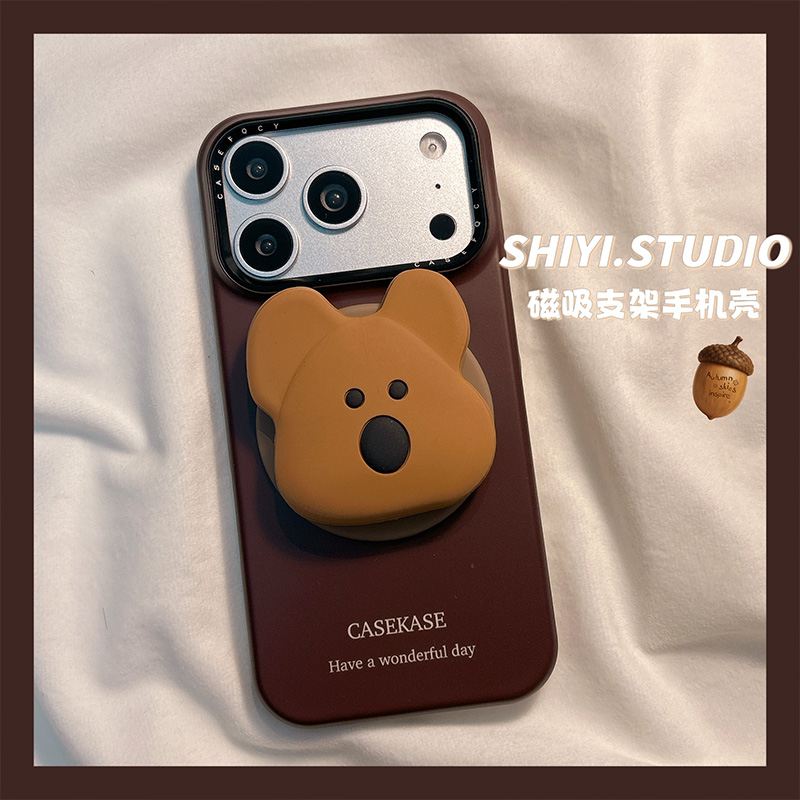 秋冬简约棕色柿子熊磁吸支架适用苹果17promax手机壳16pro新款iphon17小众15pro女款15菲林14防摔13日韩硬壳