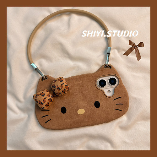日韩蝴蝶结Kitty猫手提包适用苹果16promax手机壳17pro新款iphone13可爱14pro女12秋冬皮质15pro全包软手机套
