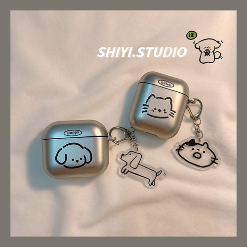日韩电镀线条猫咪小狗适用AirPods5保护套新款Pro苹果耳机壳情侣1/2代无线蓝牙4代airpodspro3代软防摔保护壳