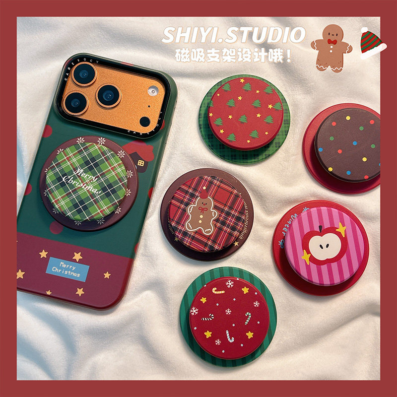 日韩圣诞氛围格纹雪花适用MagSafe手机磁吸懒人支架气囊伸缩吸