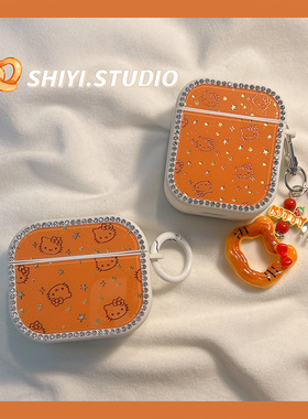 闪钻边橙色鎏金kitty适用AirPods4保护套新款Pro2苹果耳机壳可爱1/2代蓝牙盒3代airpodspro三代硬防摔保护壳