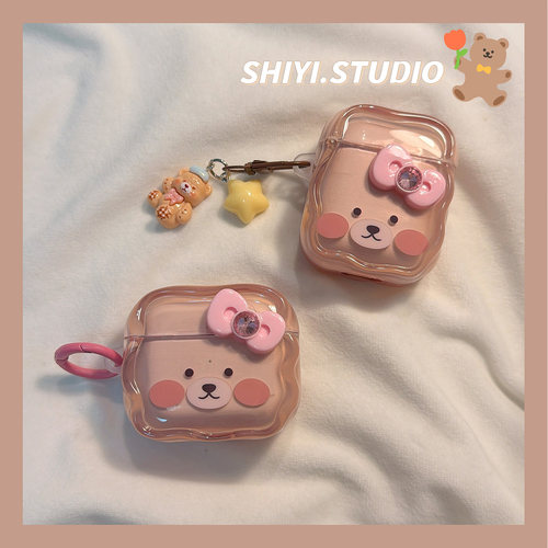 半透粉棕腮红小熊蝴蝶结适用AirPods4保护套新款Pro2苹果耳机壳带挂饰1/2代蓝牙3代airpodspro三代防摔耳机套