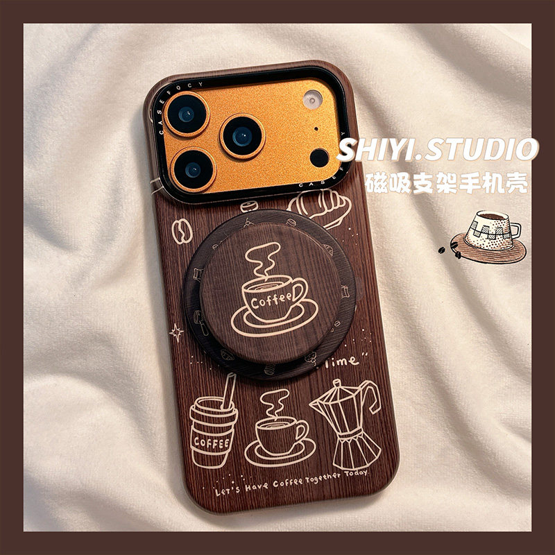 复古棕色线条咖啡磁吸支架适用苹果17promax手机壳16pro新款iphon17小众15pro女款15菲林14pm防摔13半包硬壳