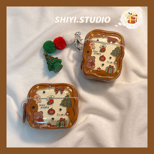 可爱棕色围边圣诞礼物小熊适用AirPods4保护套新款Pro2苹果耳机壳挂饰1/2代蓝牙3代airpodspro三代防摔保护壳