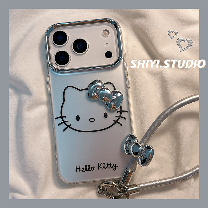 电镀银底蝴蝶结kitty适用苹果17promax手机壳16pro新款iphon17可爱15pro女款15硅胶14pro防摔13手绳简约硬壳