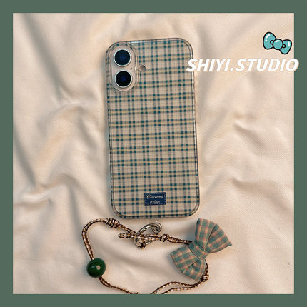 日系ins格纹蝴蝶结挂绳适用苹果16promax手机壳15pro新款iphone13小众14pro女款15硅胶双层16pro全包软手机套