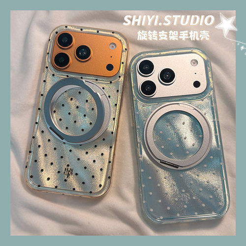 小众波点渐变锡纸纹旋转支架适用苹果17promax手机壳16pro新款iphon17高级15pro女款15硅胶16Promax防摔硬壳