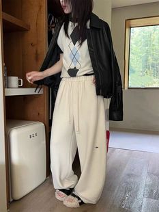 女宽松显瘦阔腿弯刀裤 25秋冬羊绒新款 加绒加厚松紧腰抽绳休闲裤