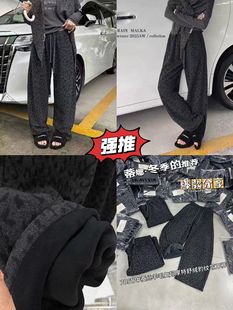 蒂娜25秋冬新款加绒加厚豹纹直筒阔腿休闲弯刀裤女卫裤香蕉裤工装