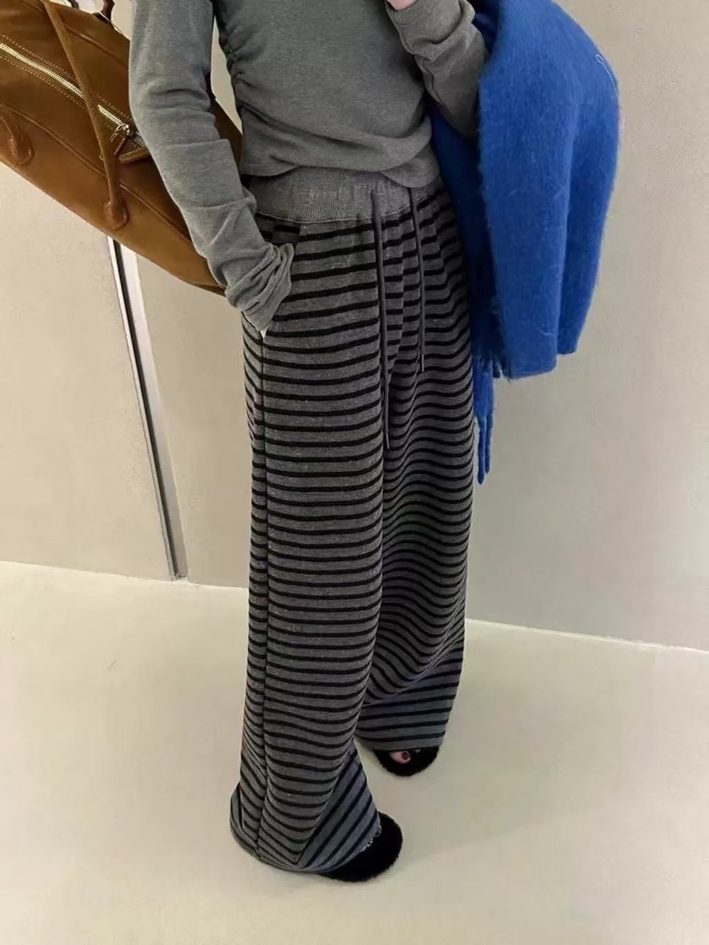 蒂娜607秋冬新款高腰弹力撞色条纹加绒卫裤时尚阔腿裤休闲裤