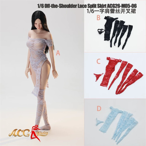ACG26-M05 1/6 女兵人一字肩蕾丝开叉连衣裙性感旗袍衣服包胶素体