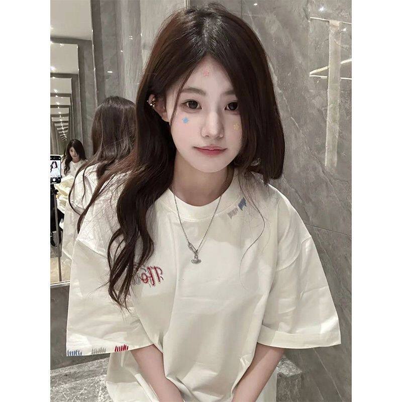 欣雅馨夏季新款宽松中长款高街美式纯棉刺绣贴布圆领短袖t恤