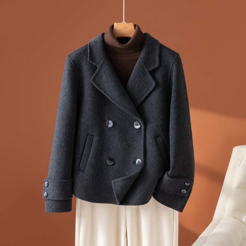 新款双面羊绒大衣女时尚休闲短款双排扣西装领羊毛小个子毛呢外套