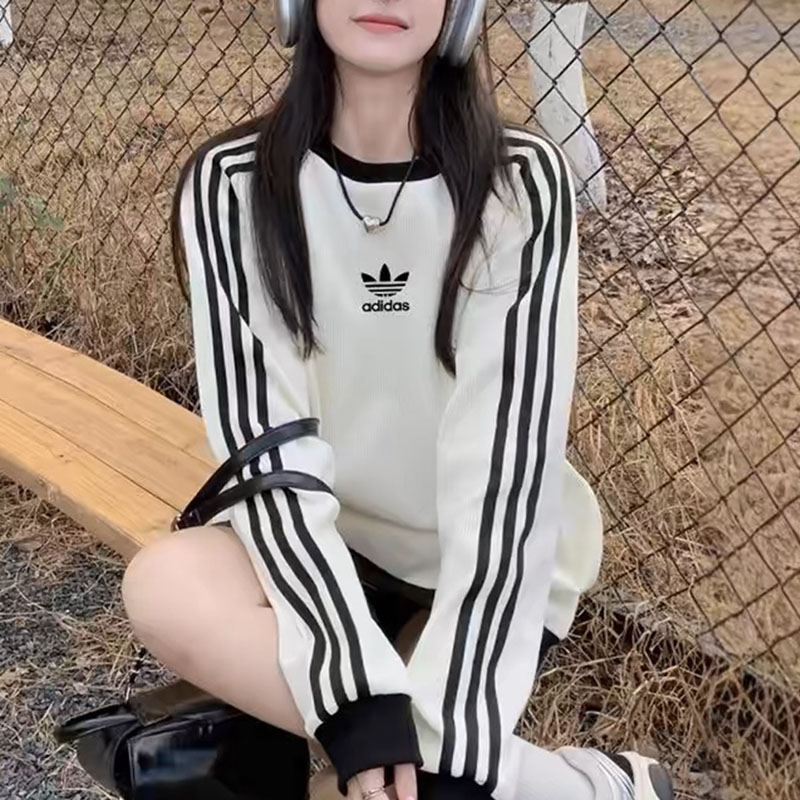 阿迪达斯三条杠2025条纹长袖上衣