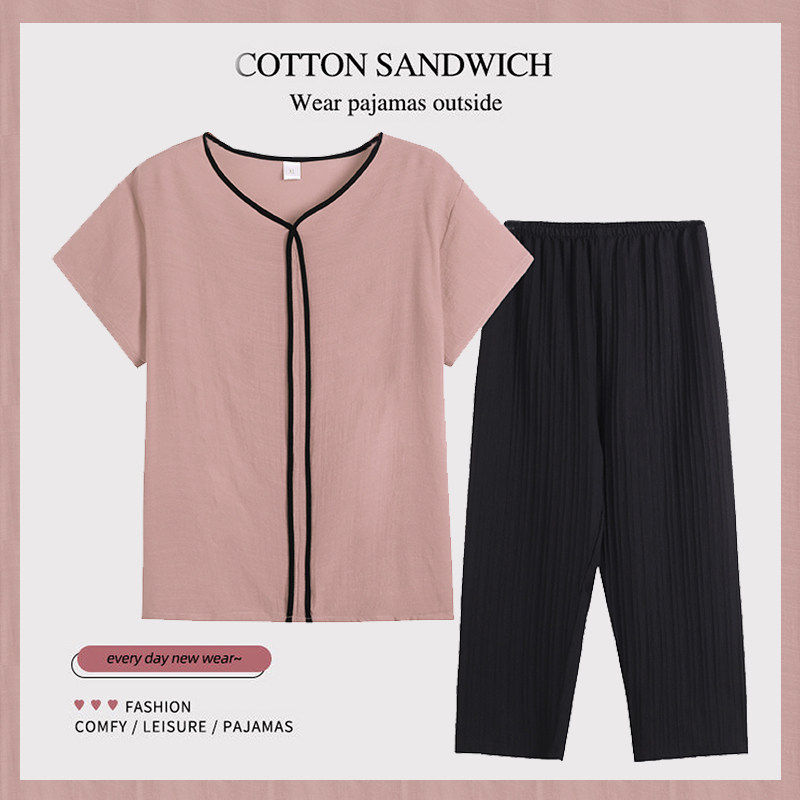 中老年夏季宽松大码女士妈妈家居服套装短袖黑裤九分裤纯色可外穿