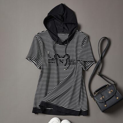 连帽条纹短袖T恤女2025夏季新款时尚烫钻宽松薄款大码女装上衣潮