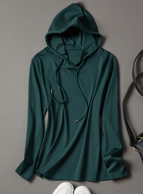 2025春秋新款墨绿色纯棉长袖连帽t恤女薄款卫衣打底衫百搭上衣ins