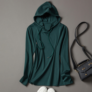 卫衣打底衫 连帽t恤女薄款 百搭上衣ins 墨绿色纯棉长袖 2026春秋新款