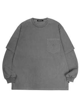 MYGE重水洗假两件全球视野logo刺绣宽松纯棉长袖T恤