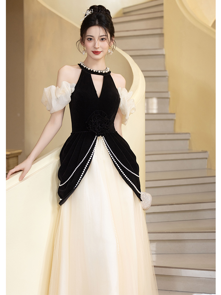 法式黑色晚礼服女2025新款高级感宴会气质主持连衣裙高端轻奢小众