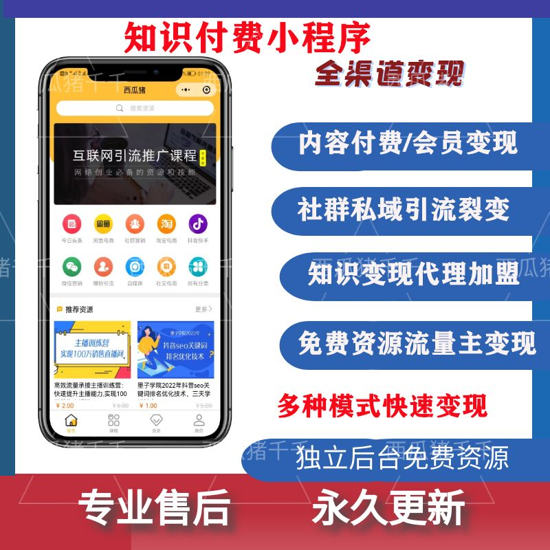 知识付费小程序资源变现代理分销流量主小程序一条龙搭建系统开发