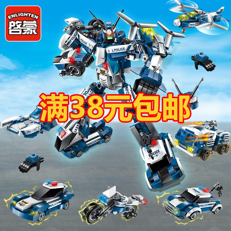 启蒙积木合体变形城市警察警车儿童智力颗粒拼装玩具疾风战将1407