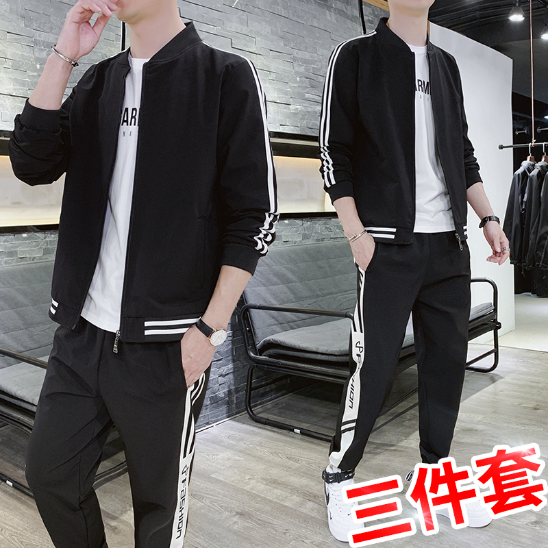 休闲套装男2019秋季韩版潮牌三件套男士一套衣服连帽夹克外套男装