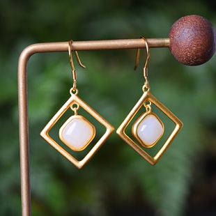 S925银镀18K金镶新疆和田白玉方形宫廷复古耳钉耳坠耳线耳饰礼品