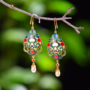 S925银镀18K金镶新疆和田白玉方形宫廷复古耳钉耳坠耳线耳饰礼品