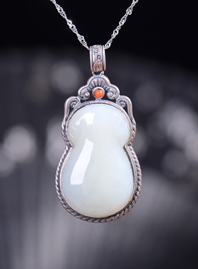 S925银镀18K金镶和田白玉旗袍珐琅宫廷复古吊坠汉服配饰玉坠项链