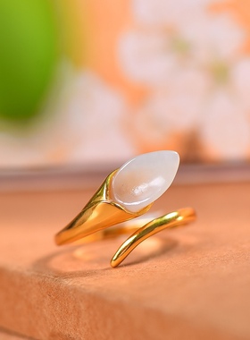 S925银镀18K金镶和田玉白玉玉兰花宫廷复古戒指戒圈汉服配饰指环