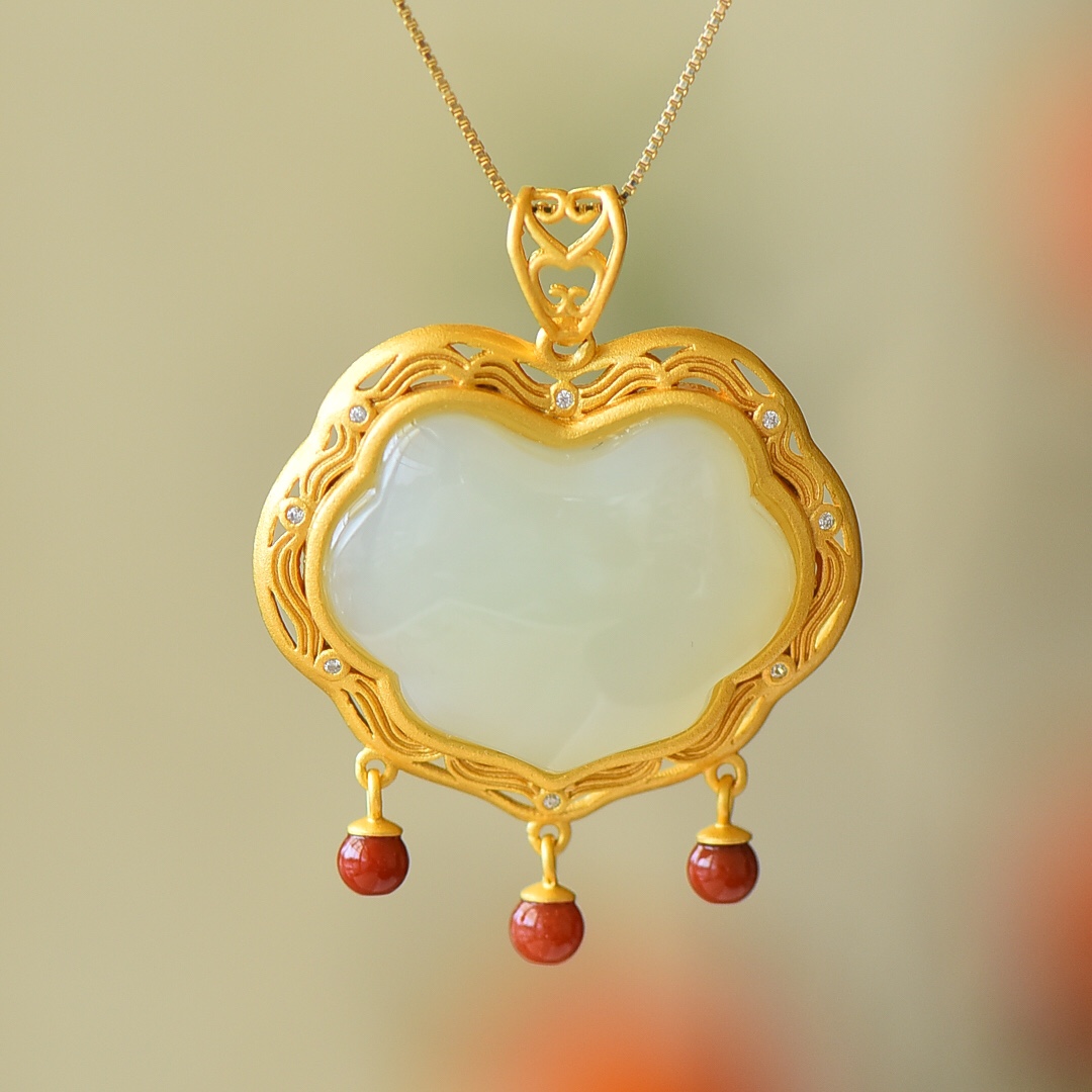 S925银镀18K金镶和田白玉如意锁珐琅女复古吊坠汉服配饰玉坠项链