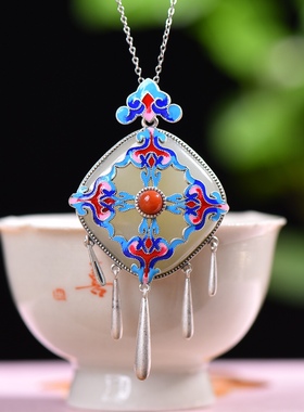 S925银镀18K金镶和田玉方形珐琅宫廷复古女吊坠汉服配饰玉坠项链