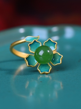 S925银镀18K金镶和田玉碧玉8厘珠宫廷复古戒指戒圈汉服配饰指环