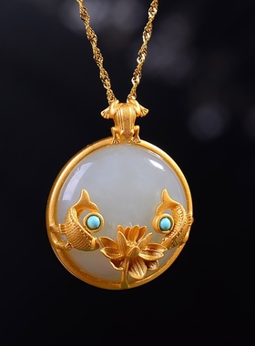 S925银镀18K金镶和田白玉蛋面珐琅宫廷复古吊坠汉服配饰玉坠项链