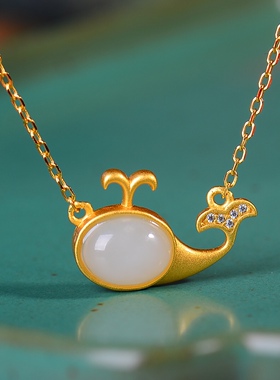 S925银镀18K金镶和田白玉海豚珐琅宫廷复古吊坠汉服配饰玉坠项链