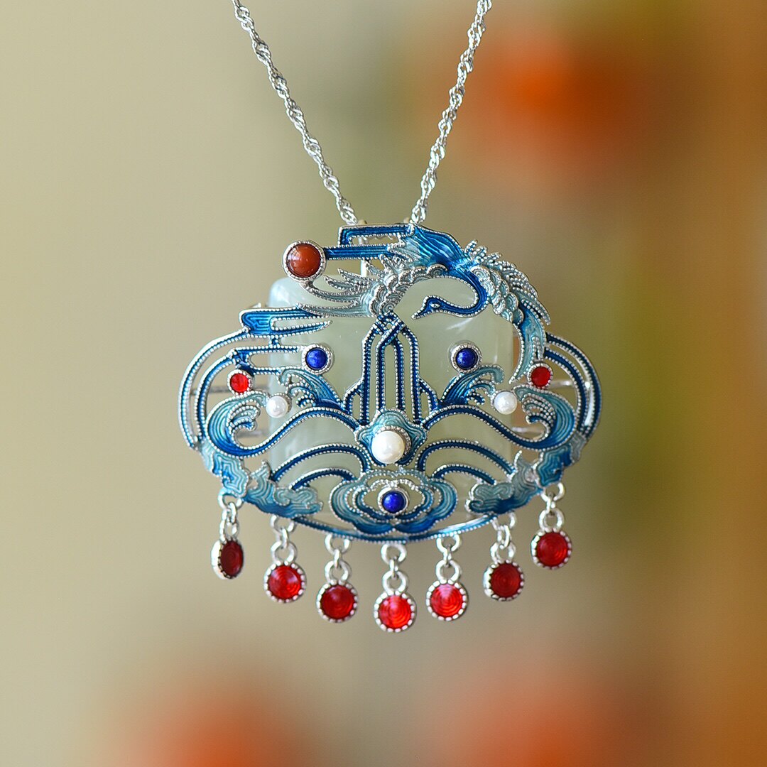 S925银镀18K金镶和田玉白玉如意锁宫廷复古吊坠汉服配饰玉坠项链