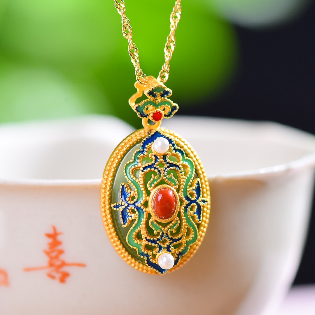 S925银镀18K金镶和田玉碧玉蛋面女宫廷复古吊坠汉服配饰玉坠项链