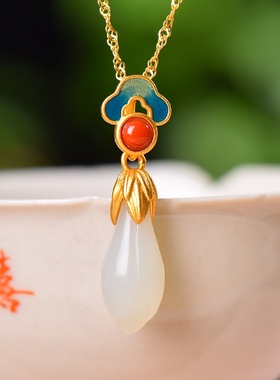 S925银镀18K金镶和田玉白玉玉兰花宫廷复古吊坠汉服配饰玉坠项链