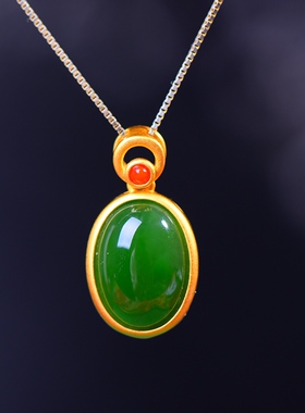 S925银镀18K金镶和田碧玉蛋面珐琅宫廷复古吊坠汉服配饰玉坠项链