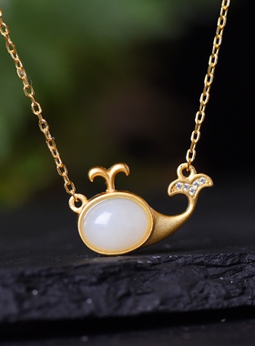 S925银镀18K金镶和田白玉海豚珐琅宫廷复古吊坠汉服配饰玉坠项链