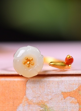 S925银镀18K金镶和田玉白玉荷花凤凰女复古戒指戒圈汉服配饰指环