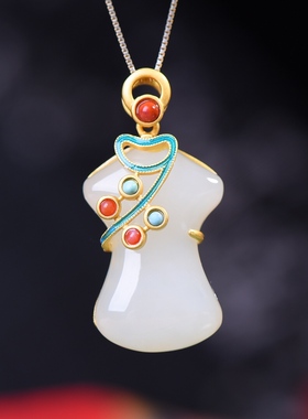 S925银镀18K金镶和田白玉旗袍珐琅宫廷复古吊坠汉服配饰玉坠项链