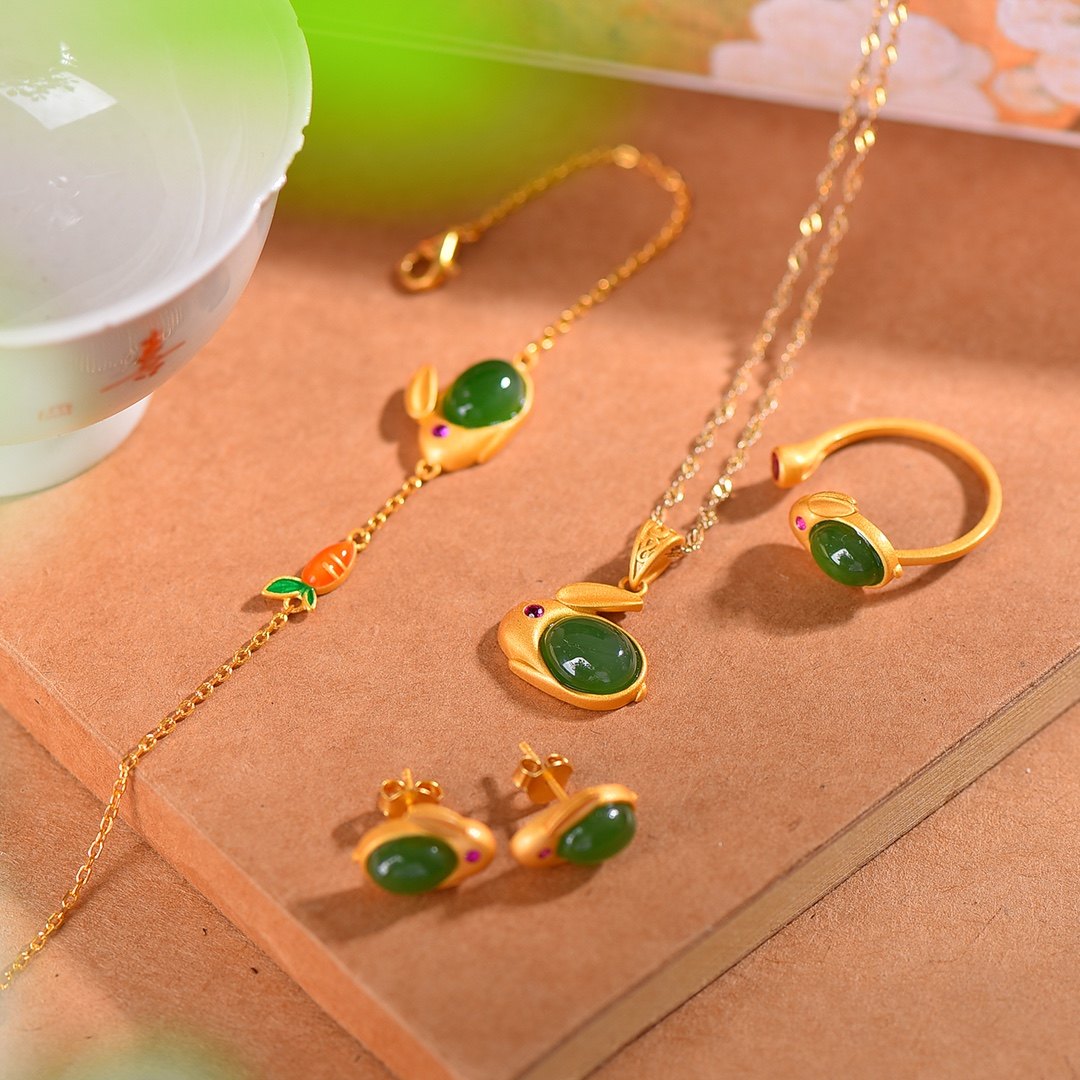 S925银镀18K金镶和田碧玉兔子汉服配饰复古套装吊坠戒指耳坠手链