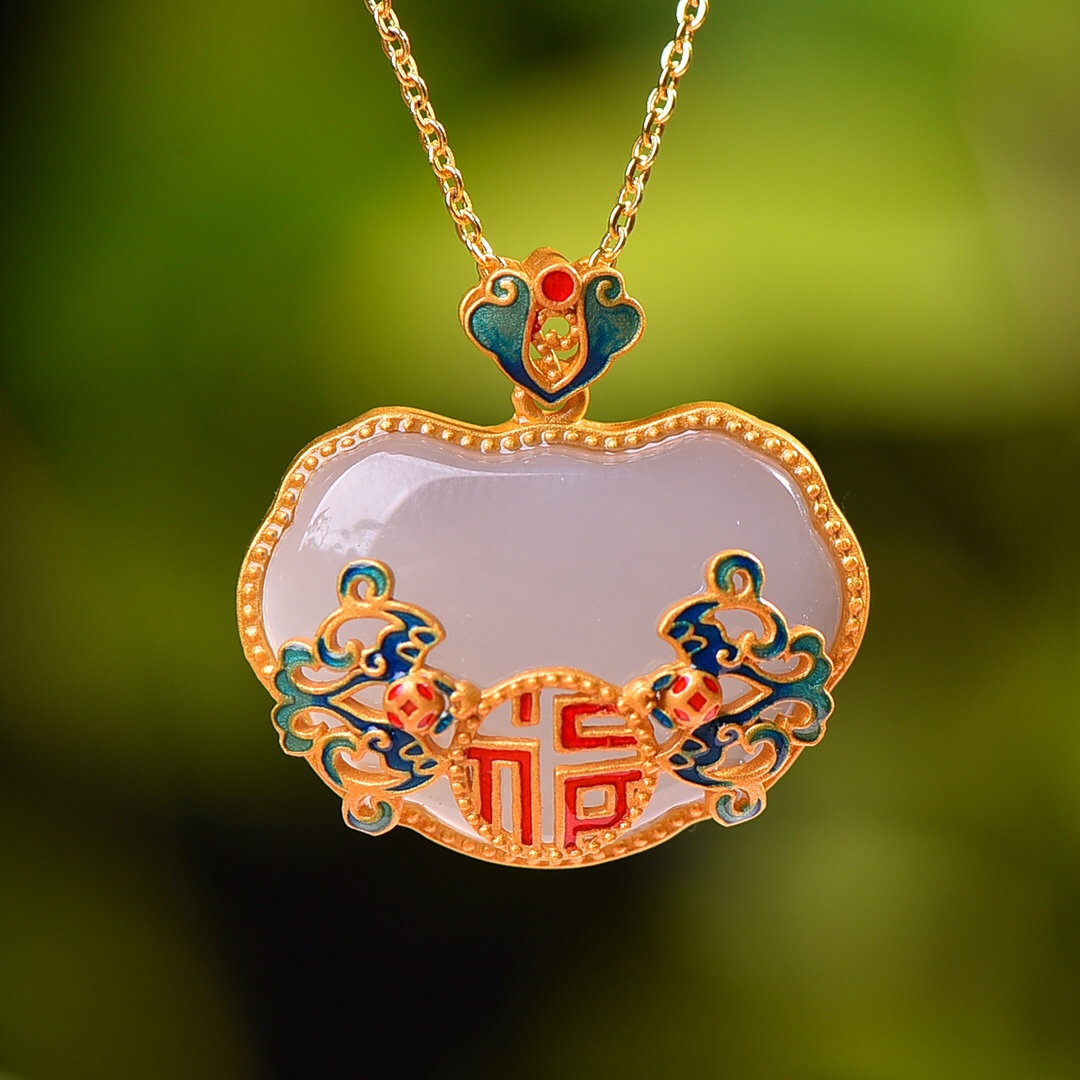 S925银镀18K金镶和田玉烟紫如意锁宫廷复古吊坠汉服配饰玉坠项链