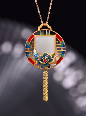 S925银镀18K金镶和田白玉方形珐琅宫廷复古吊坠汉服配饰玉坠项链